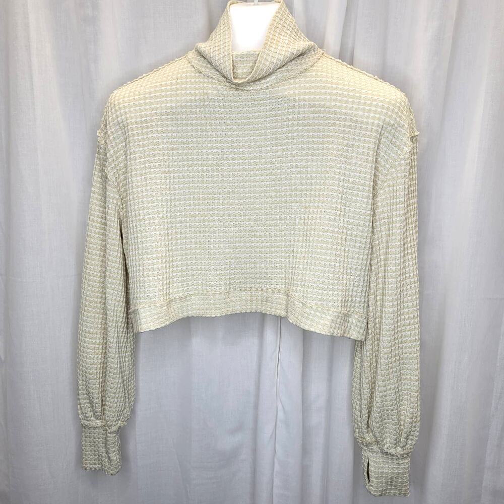Free People Cream and Tan Cropped Waffle Knit Turtleneck, XS